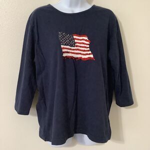 Karen Scott Cotton Navy Sequin American Flag Fourth of July USA Novelty Shirt XL